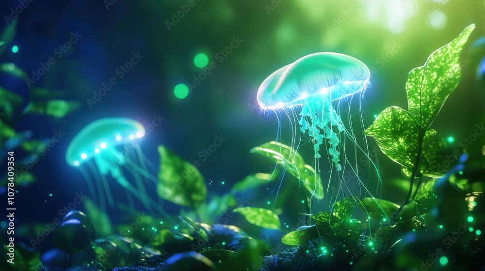 Explore the enchanting glow of bioluminescent jellyfish in underwater serenity Explore the enchanting glow of bioluminescent jellyfish in underwater serenity