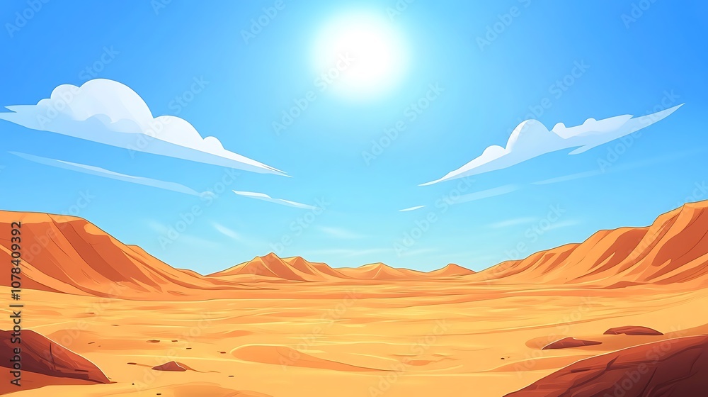 Naklejka premium Vast desert landscape with dunes stretching endlessly under a blazing sun and a blue sky