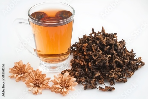 A glass of fragrant chrysanthemum tea sits with dried flowers and seeds on a white backdrop exuding a delightful aroma