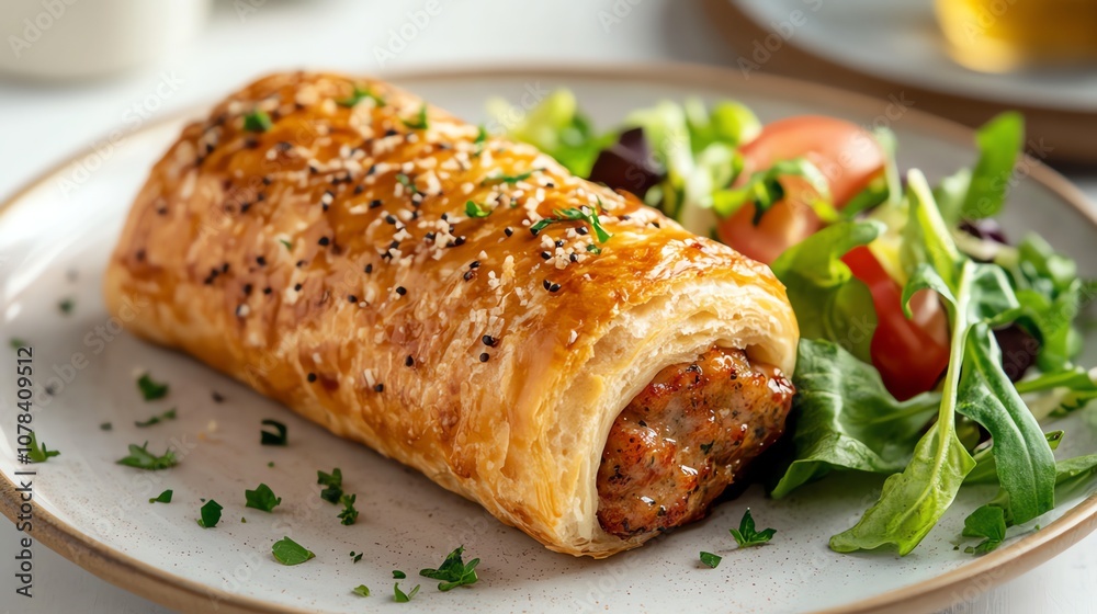 Two sausage rolls on a plate with a salad. Two sausage rolls on a plate with a salad.