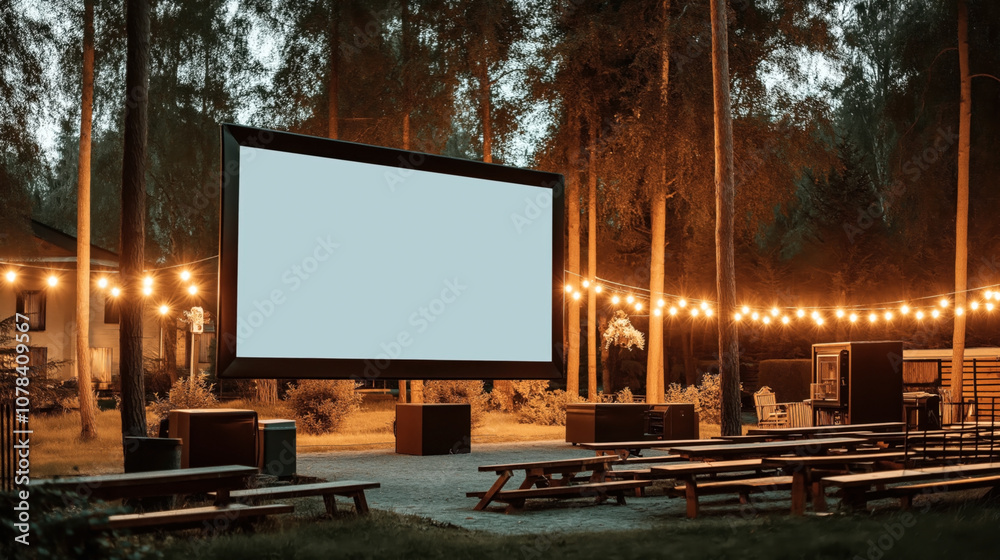 Outdoor cinema setup with large screen and string lights in a forest setting with benches and seating area. Outdoor cinema setup with large screen and string lights in a forest setting with benches and seating area.