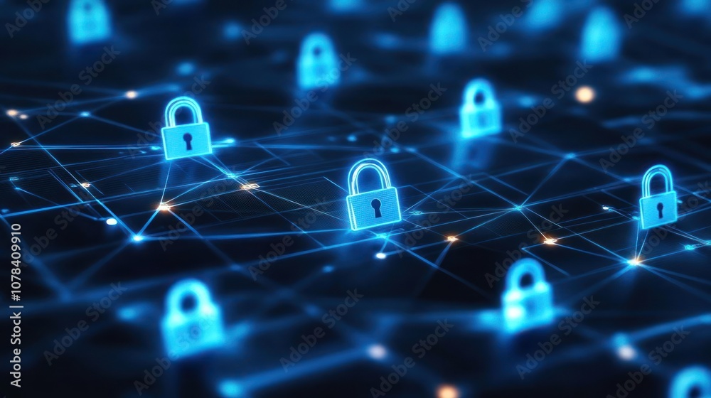 Abstract glowing blue padlock icons connected by lines on dark blue background, representing cybersecurity and data protection. Abstract glowing blue padlock icons connected by lines on dark blue background, representing cybersecurity and data protection.