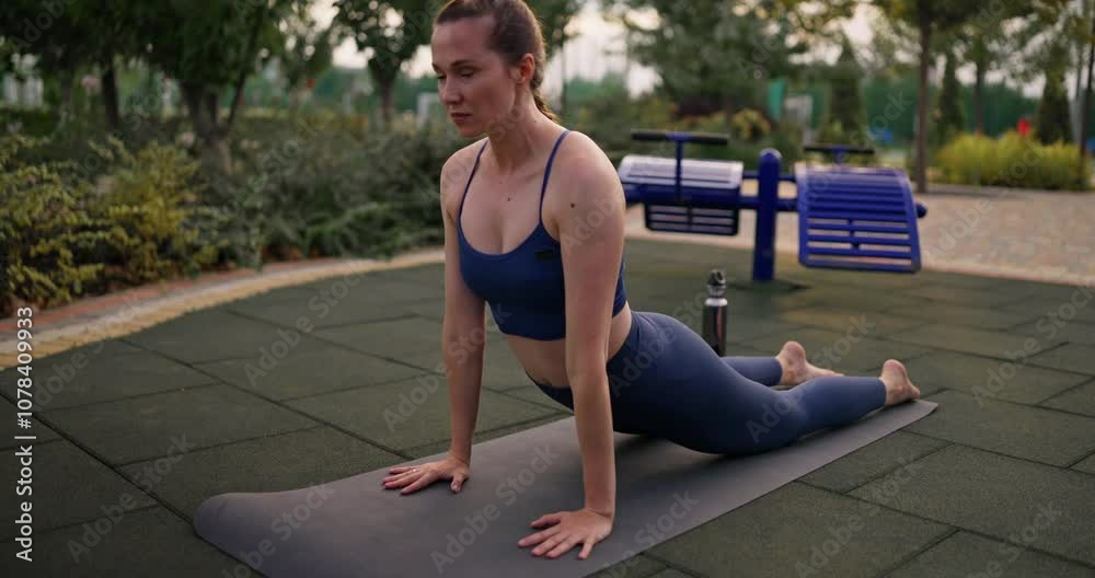 Focused brunette girl in a blue sports uniform performs Cobra exercises during her morning yoga on sports mats in a sunny park in summer