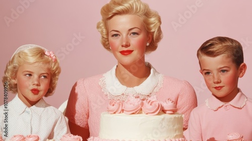 Family Celebrating: Woman, children, cake; pastel colors, inviting atmosphere 