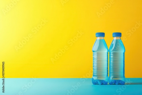 Background for an isotonic energy drink bottle featuring blue and yellow sports beverages photo