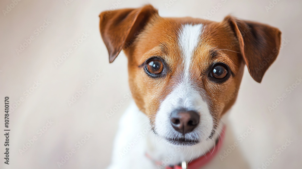 Close-up of a dog with brown and white fur looking directly at the camera. Close-up of a dog with brown and white fur looking directly at the camera.