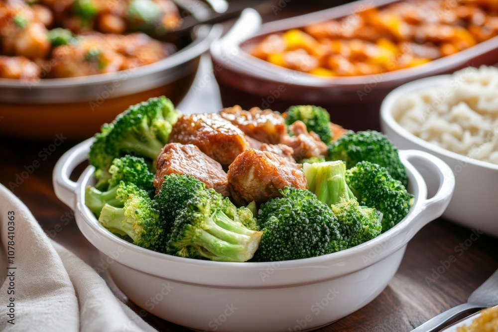 Table with diverse dishes: broccoli, rice, meat Earth-tone palette Table with diverse dishes: broccoli, rice, meat Earth-tone palette