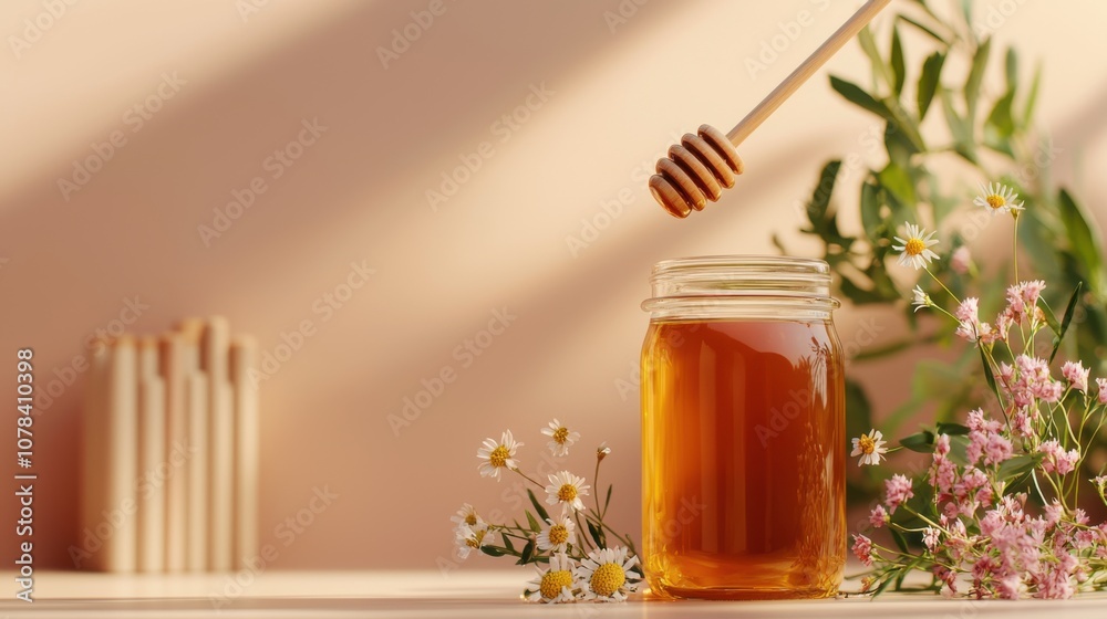Discover the natural sweetness of raw honey in a glass jar Discover the natural sweetness of raw honey in a glass jar