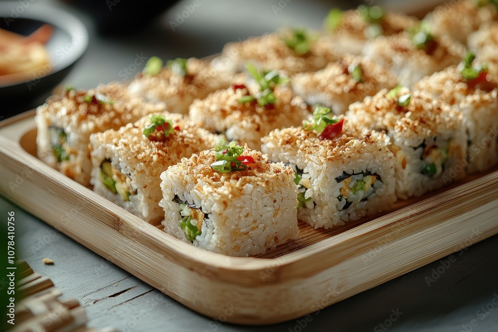 Bamboo plate with crispy rice crust dish from Korea or Indonesia Bamboo plate with crispy rice crust dish from Korea or Indonesia