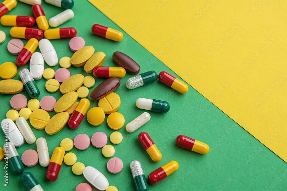Aerial View of Colorful Pills on a Lush Green and Yellow Background Showcasing Vibrant Medication and Health Concepts for Creative Stock Photography Aerial View of Colorful Pills on a Lush Green and Yellow Background Showcasing Vibrant Medication and Health Concepts for Creative Stock Photography
