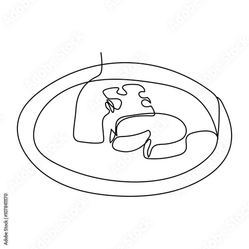 Continuous line drawing of National cheese lovers day icon. Hand drawn minimalist linear sketch of wheel of cheese with holes and a piece cut. Vector illustration isolated on white