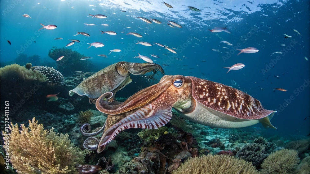Fototapeta premium Aerial View of Cuttlefish Engaged in Mating Rituals and Combat in Vibrant Underwater Ecosystem Captured from Above, Showcasing Their Unique Color Changes and Patterns