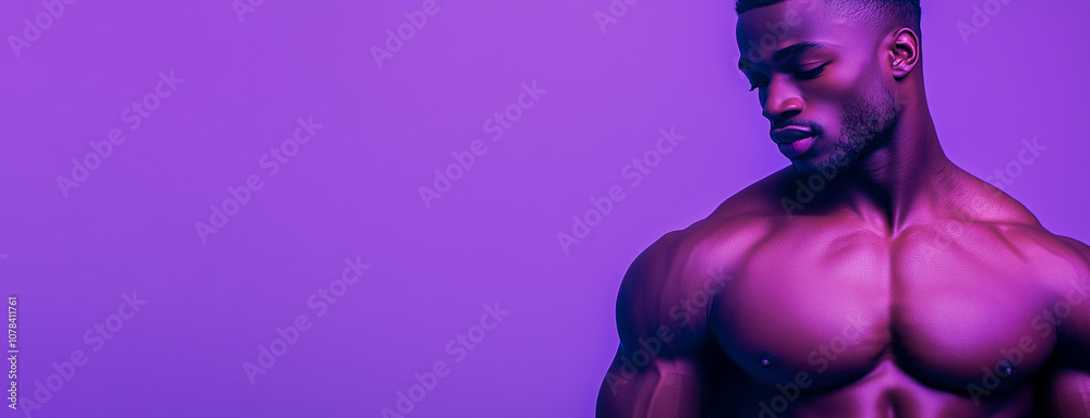 Strong Muscular Man in Purple with Fitness Motivation Banner Strong Muscular Man in Purple with Fitness Motivation Banner