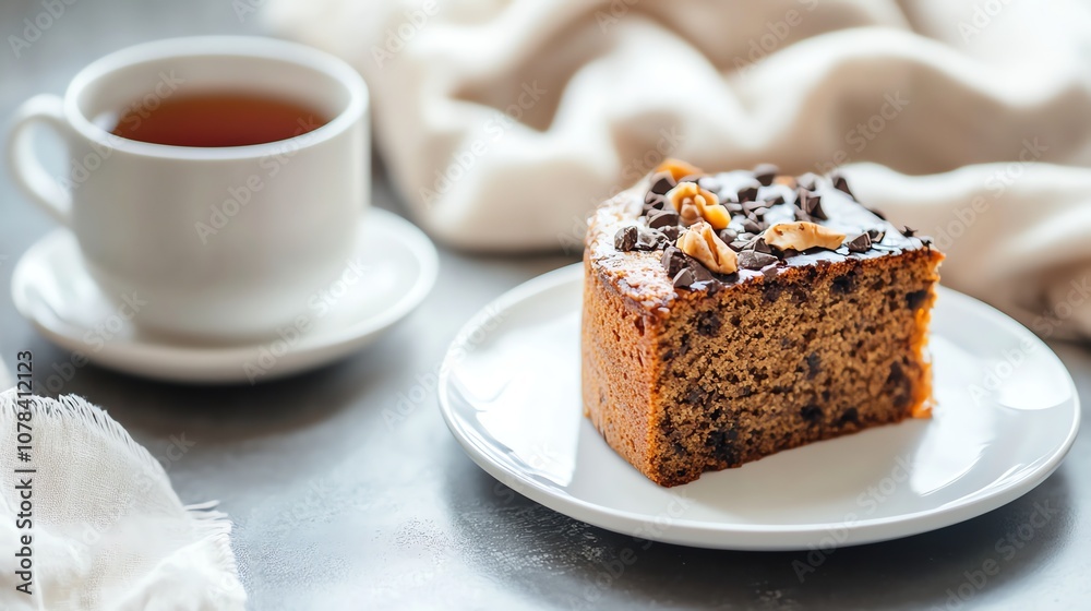 A slice of chocolate chip cake topped with walnuts and chocolate drizzle on a white plate next to a cup of tea. A slice of chocolate chip cake topped with walnuts and chocolate drizzle on a white plate next to a cup of tea.