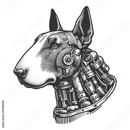 robotic dog featuring intricate mechanical elements, gears, and circuits in a futuristic design sketch engraving generative ai vector illustration. Scratch board imitation. Black and white image.