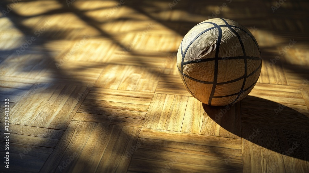 Sepak Takraw ball centered on a gym floor, with wooden texture and shadows creating depth.