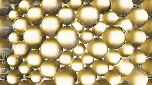 Gold cosmetic serum with liquid bubbles in a 3D abstract background. Hydrating essence gel enriched with collagen molecules. Moisturizing cream or oil for advanced skincare, beauty, and skin health.