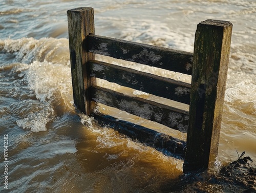 Dilapidated wooden fence half submerged in flood waters with seaweed growth, indicating prolonged exposure to harsh weather. photo