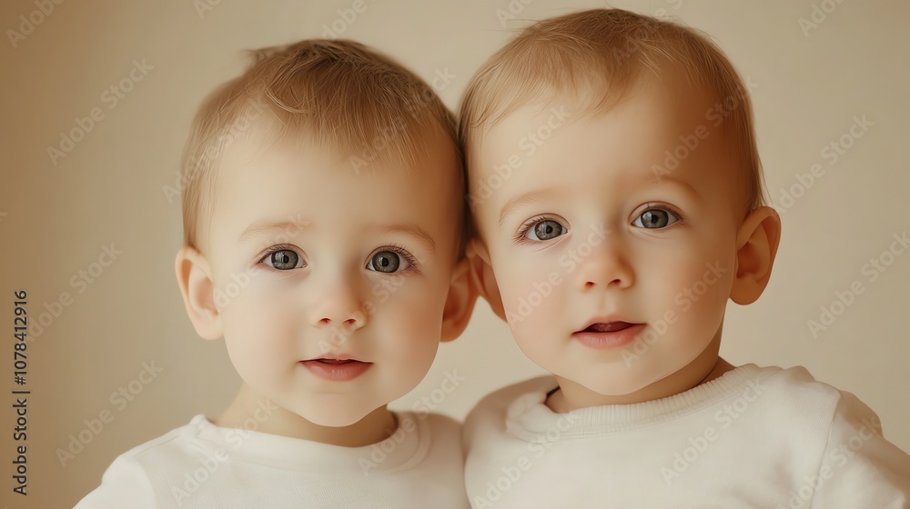 Two twin babies with big blue eyes, looking at the camera. Two twin babies with big blue eyes, looking at the camera.