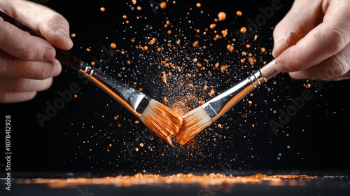 Two hands wielding paintbrushes create a vibrant explosion of orange powder, symbolizing creativity in art against a dark backdrop. photo