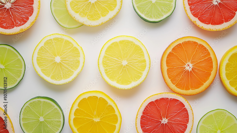 Obraz premium Vibrant Citrus Pattern Colorful Slices on a Clean White Background