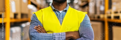 Worker in yellow vest, warehouse organized; uses warm color palette  photo