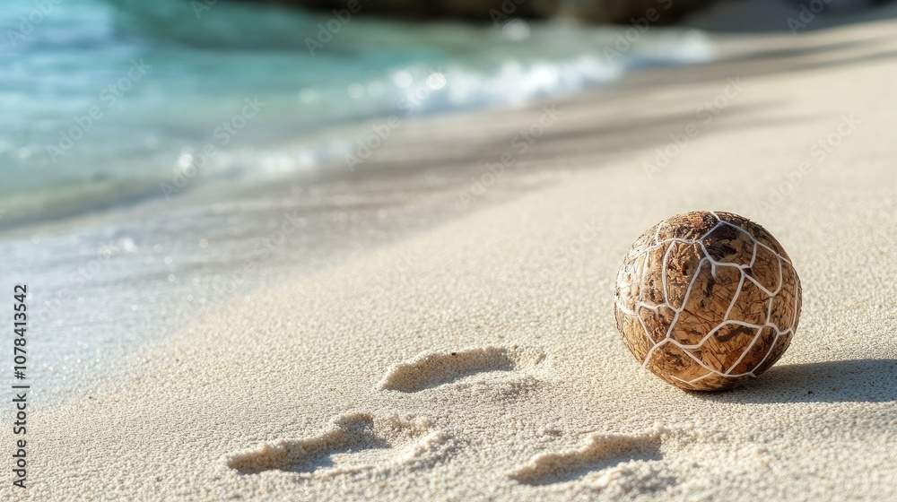 Sepak Takraw ball on a beach with footprints in the sand, capturing a casual sports atmosphere. Sepak Takraw ball on a beach with footprints in the sand, capturing a casual sports atmosphere.