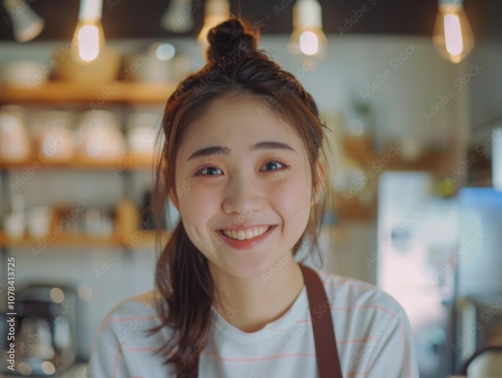 Woman with a ponytail is smiling at the camera. She is wearing a white shirt and a brown apron Woman with a ponytail is smiling at the camera. She is wearing a white shirt and a brown apron