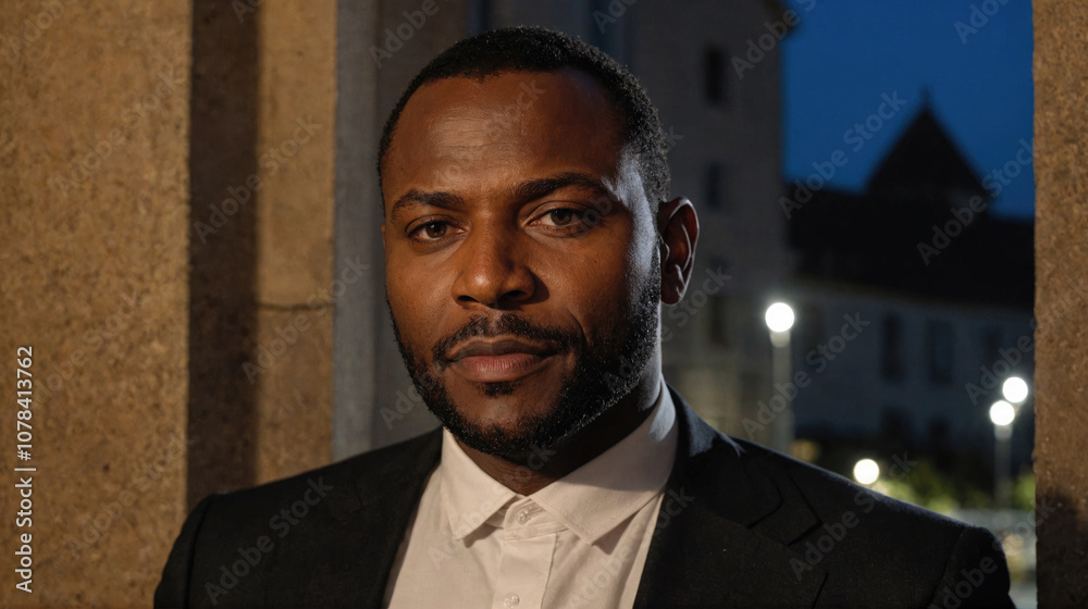 A man in a suit stands against a stone wall at night, looking into the camera A man in a suit stands against a stone wall at night, looking into the camera