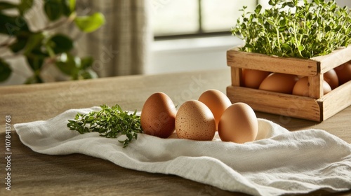 Showcase farmfresh eggs on soft linen cloth for culinary delight photo