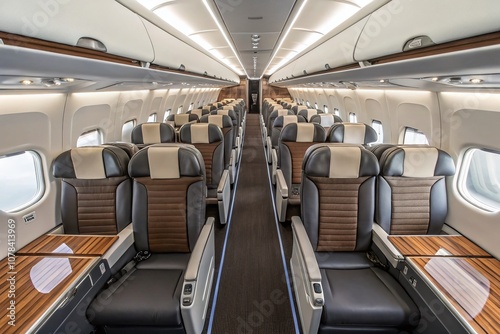 Aerial View of Modern Airplane Interior Featuring Front Row Seats in an Empty Cabin, Perfectly Designed for Comfort and Style During Flights