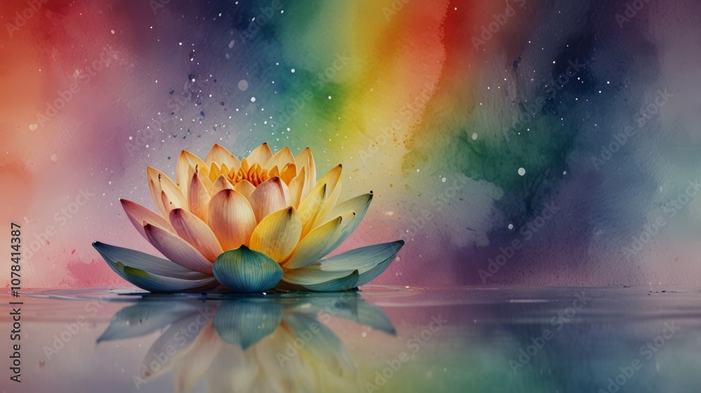 A vibrant lotus flower floats on water, displaying a spectrum of rainbow colors in its delicate petals. A vibrant lotus flower floats on water, displaying a spectrum of rainbow colors in its delicate petals.