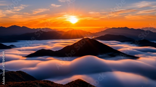 A breathtaking sunrise over mist-covered mountains, showcasing vibrant colors and serene landscapes.