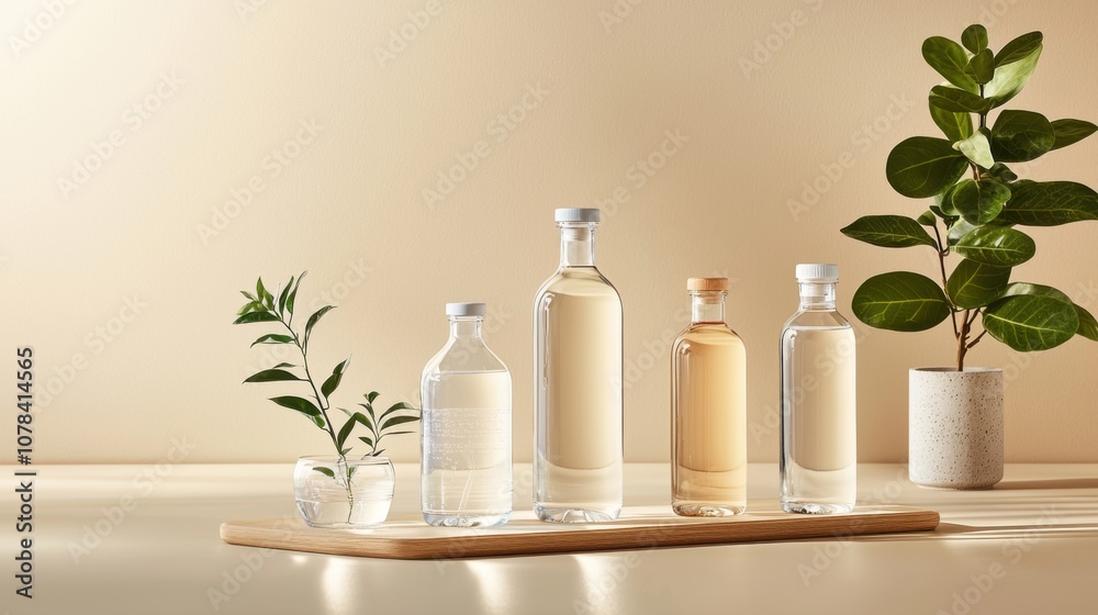 Artfully arrange a collection of stylish glass water bottles Artfully arrange a collection of stylish glass water bottles
