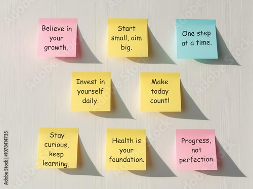 Self-Improvement Planning Essentials. colorful sticky notes with motivational quotes about personal growth, investment in self, and the importance of progress over perfection. photo