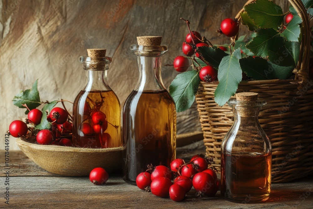 Basket on wooden table contains hawthorn berry paste two tincture bottles and thorn apples Herbal remedy Focused view Basket on wooden table contains hawthorn berry paste two tincture bottles and thorn apples Herbal remedy Focused view