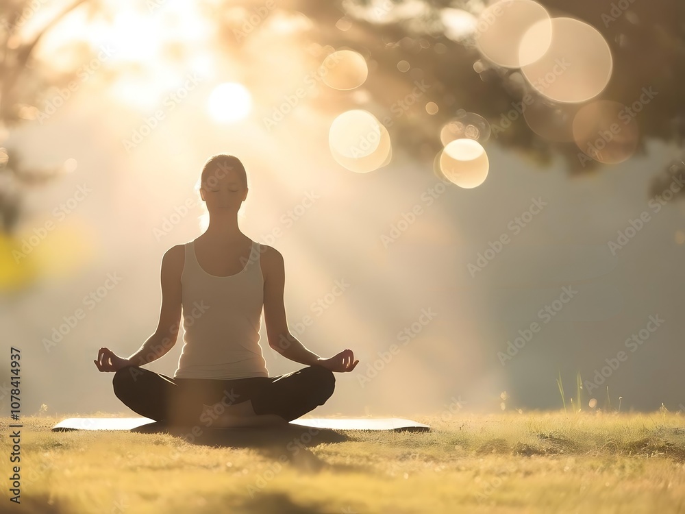 Mental Health Self-Improvement. A serene figure sits cross-legged in nature, practicing yoga amidst soft sunlight and gentle bokeh effects, embodying tranquility and mindfulness. Mental Health Self-Improvement. A serene figure sits cross-legged in nature, practicing yoga amidst soft sunlight and gentle bokeh effects, embodying tranquility and mindfulness.