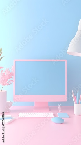 A pastel blue and pink office desk with a computer, keyboard, mouse, paperclip pot plants, and stationery on the table