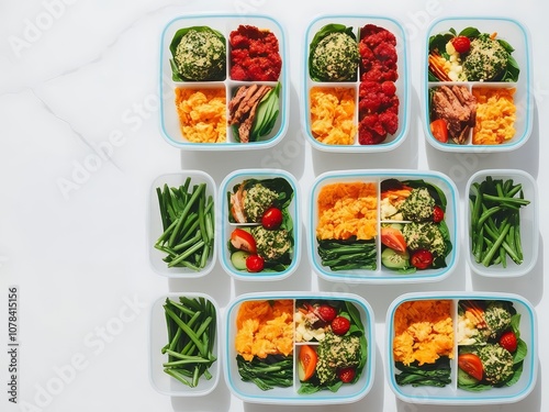 Nutritional Goals and Planning. A colorful array of meal prep containers filled with assorted vegetables, grains, and protein, organized neatly for healthy eating. photo