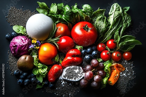 ariety of fresh produce including tomatoes, leafy greens, red pepper, grapes, blueberries, and an assortment of seeds arranged on a dark background photo