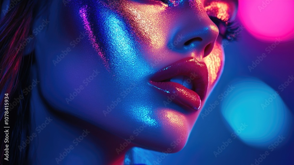Close up of artistic face with vibrant makeup colors. Close up of artistic face with vibrant makeup colors.