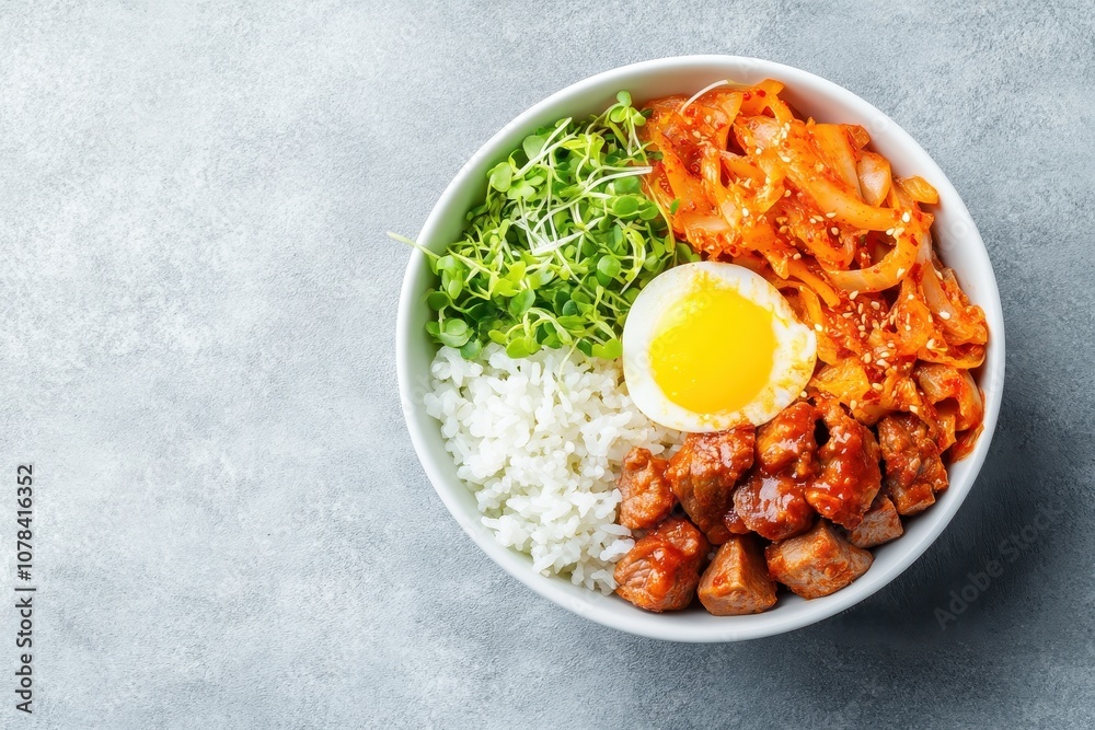 Bibimbap a white bowl filled with meat rice kimchi egg and sprouts viewed from above Classic Korean dish Bibimbap a white bowl filled with meat rice kimchi egg and sprouts viewed from above Classic Korean dish