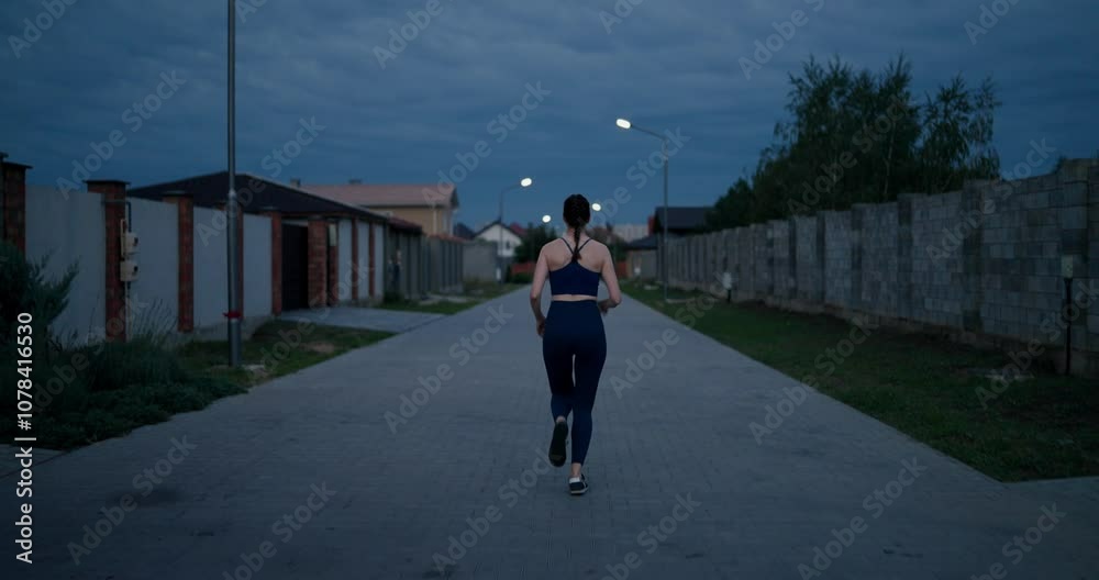 Rear view of a confident brunette girl in a blue sports uniform runs along the road during her morning jog in the city Rear view of a confident brunette girl in a blue sports uniform runs along the road during her morning jog in the city