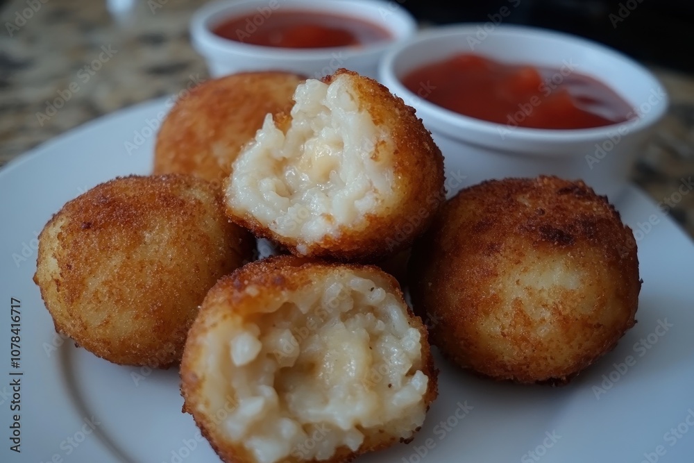 Cheese stuffed fried rice balls a Brazilian dish known as Bolinho de arroz Cheese stuffed fried rice balls a Brazilian dish known as Bolinho de arroz