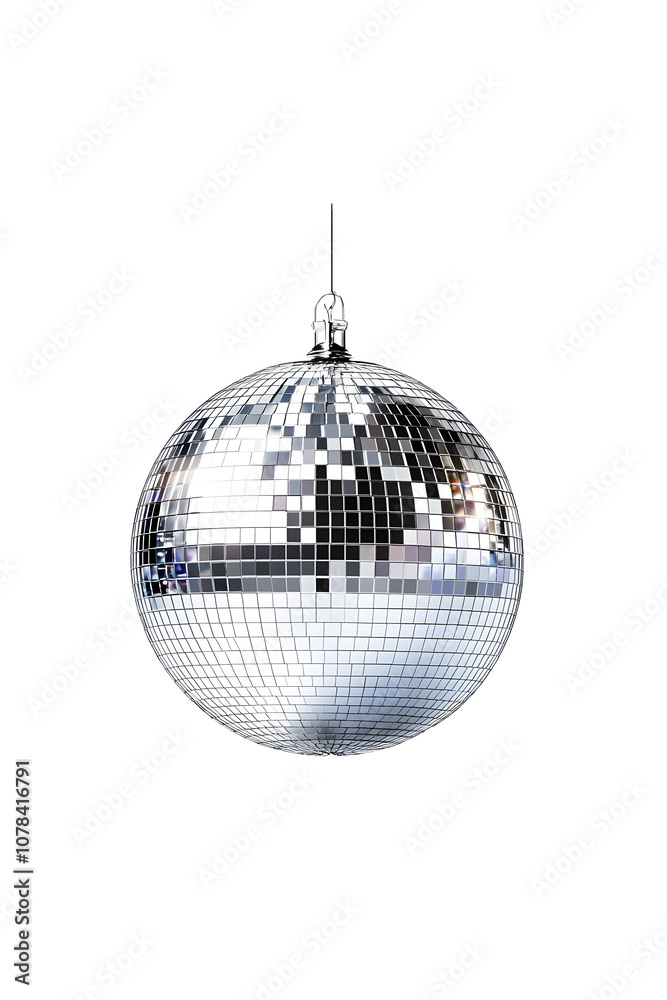 Fototapeta premium Glistering Silver Disco Ball for Clubbing and Dance Party with Flash Glasses on White Background: Generative AI