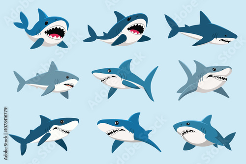A cartoon illustration depicting nine sharks in various poses against a light blue background.