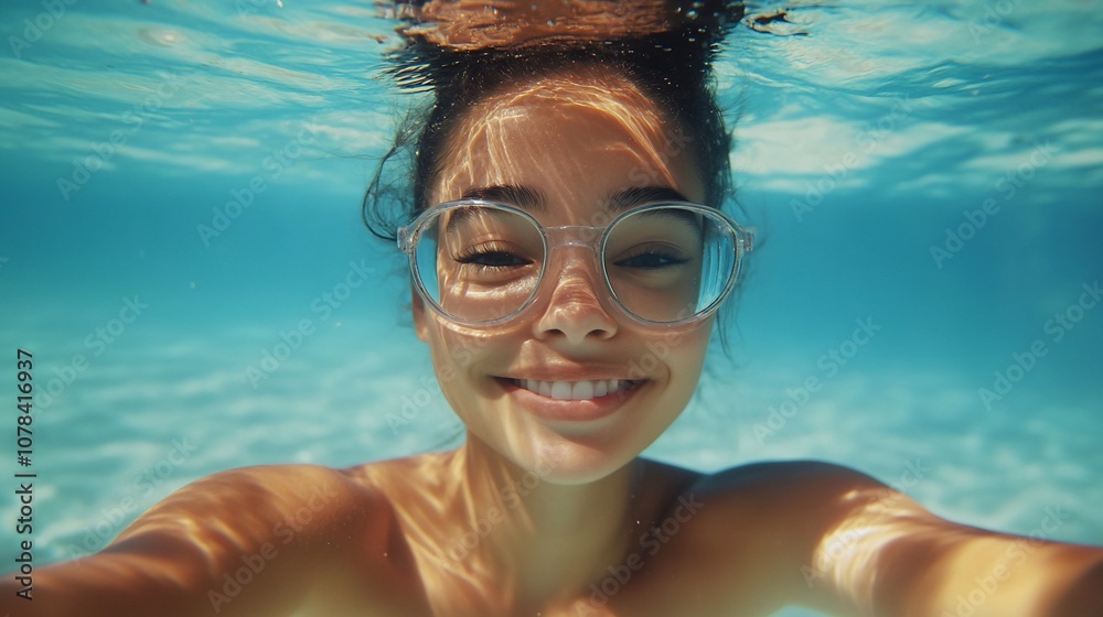 Naklejka premium Underwater selfie of smiling woman with clear glasses in a blue pool.