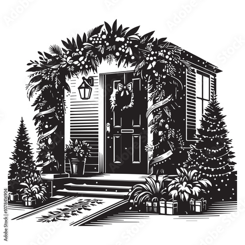 Charming Christmas doorway scene with festive decorations. A black and white illustration of a house entrance decorated for Christmas.