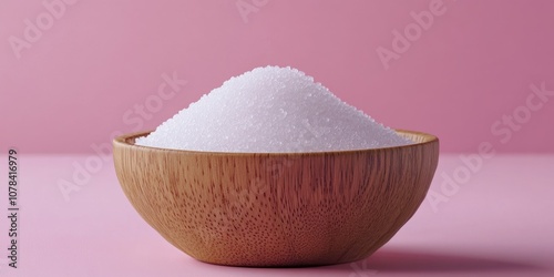 A wooden bowl filled with raw sugar, set against a pink backdrop on a table top.