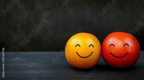 Bold red and yellow happinessthemed objects against a dark background for International Day of Happiness, high contrast, dynamic energy, surreal, multilayer, matte black backdrop photo